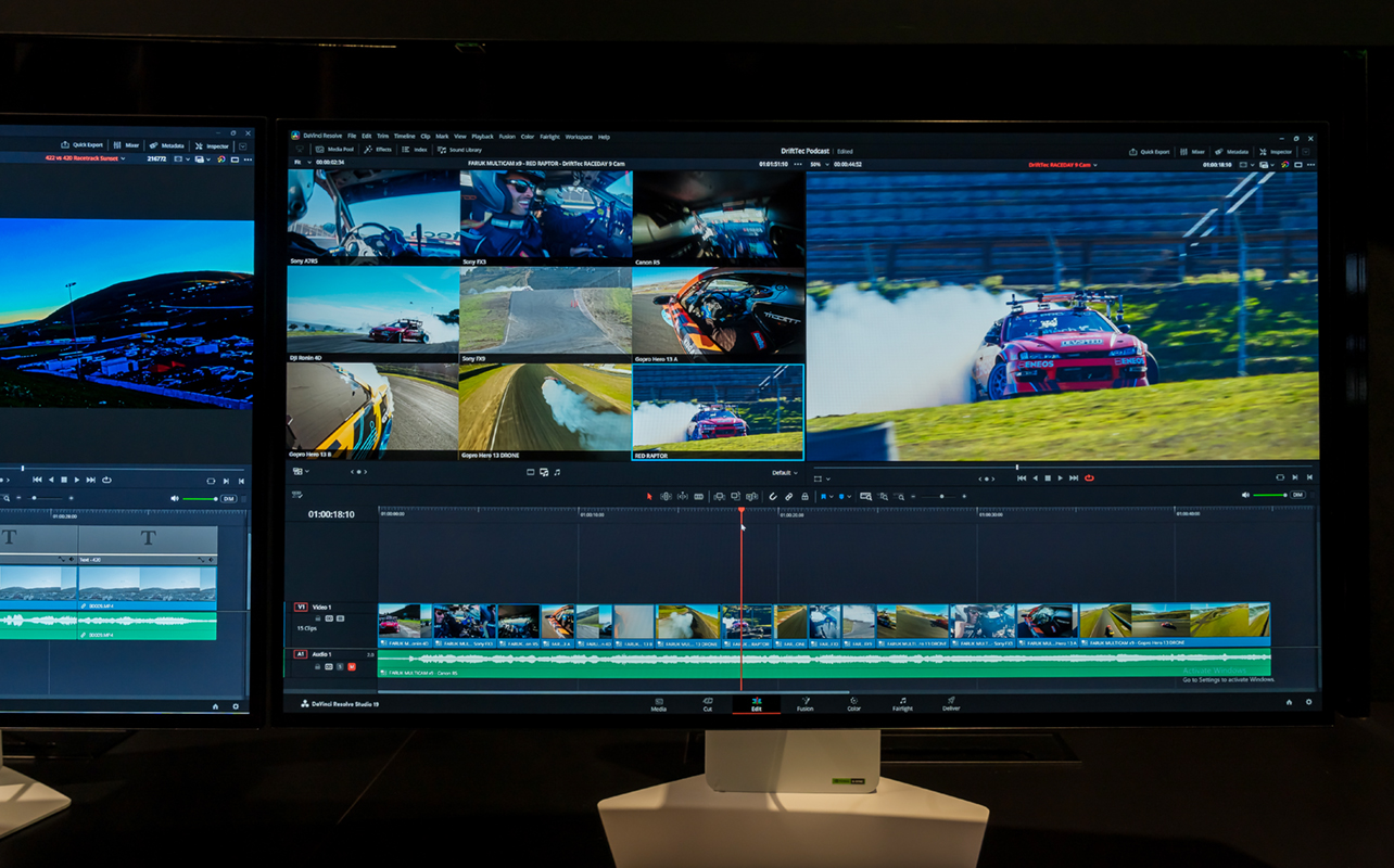 Montage de neuf flux de caméras sur DaVinci Resolve avec un processeur GeForce RTX 5070.