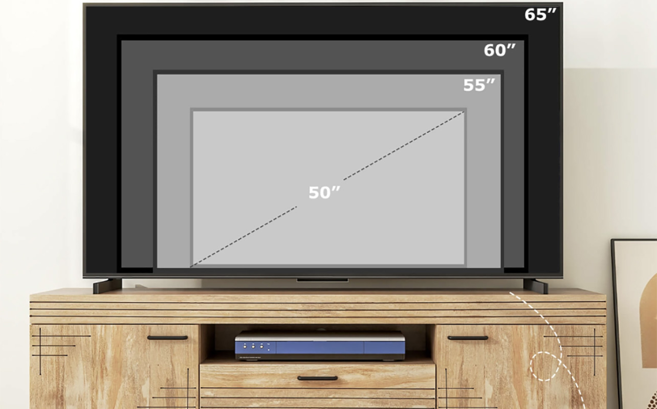 A TV showing different sizes mounted on a Costwat TV stand.