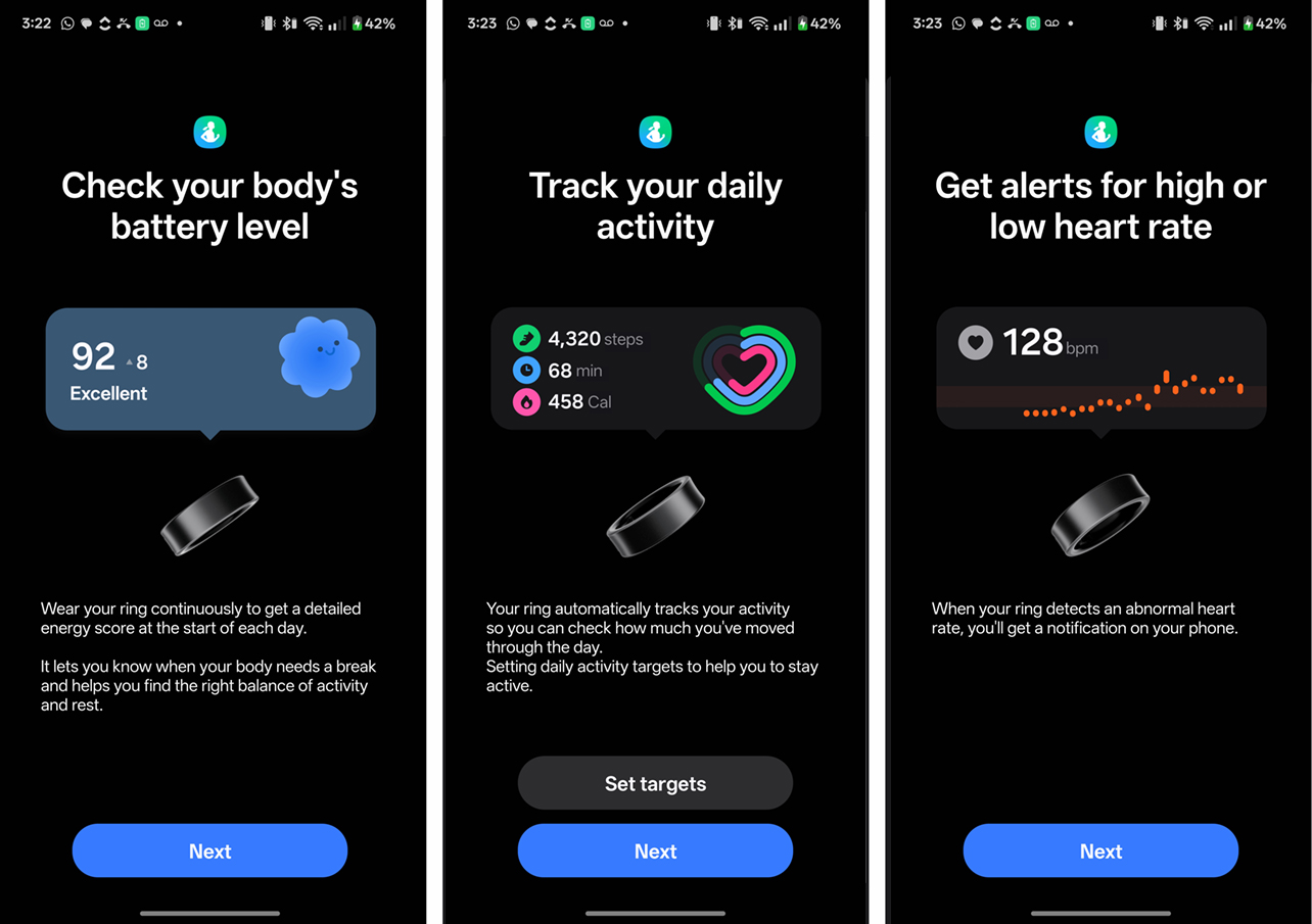 Samsung Galaxy Wearable app showing setup for Galaxy Ring.