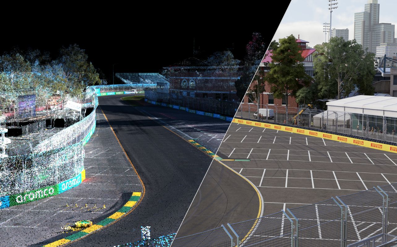 A split-screen comparison highlighting the advanced LIDAR (Light Detection and Ranging) scanning technology used in F1 25. On the left, a 3D LiDAR scan of a Formula 1 circuit captures millions of data points, detailing the track's elevation changes, kerb heights, and surrounding environment. On the right, the finished in-game representation showcases the high level of realism achieved, with accurate track surfaces, precise barrier placements, and lifelike environmental details, such as specific tree species and foliage.